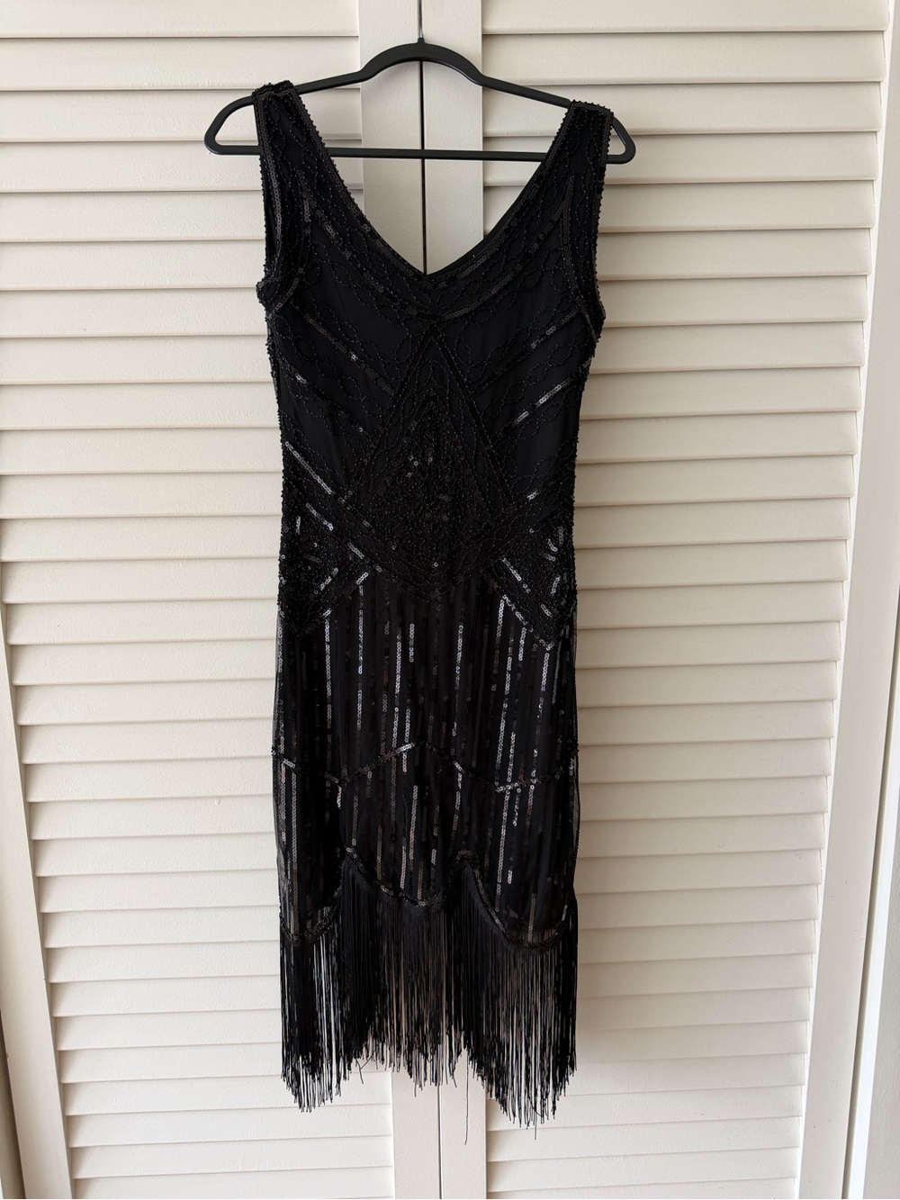 Sleeveless Black Beaded Fringe Midi Dress